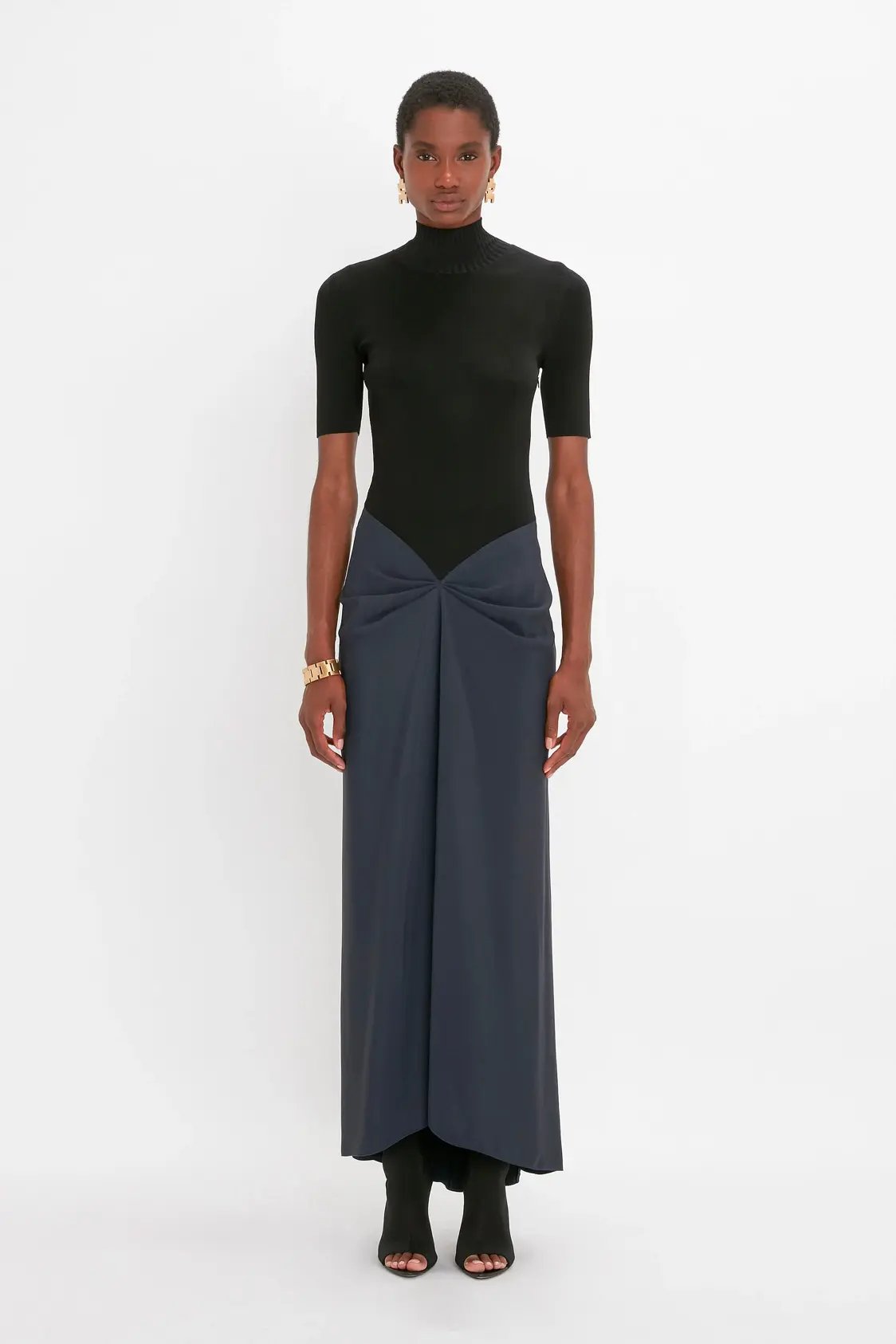 Polo Neck Gathered Dress In Midnight